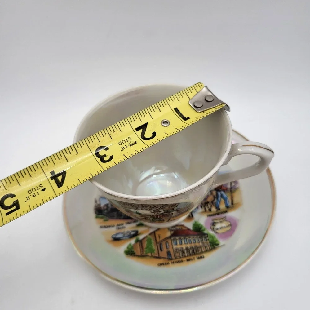 Vintage Souvenir Tea Cup & Saucer Iridescent Virginia City Nevada Prospector